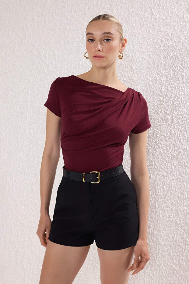 Bordo Büzgü/Drape Detaylı Fitted/Vücuda Oturan Örme Bluz TWOSS25BZ00278 - 1