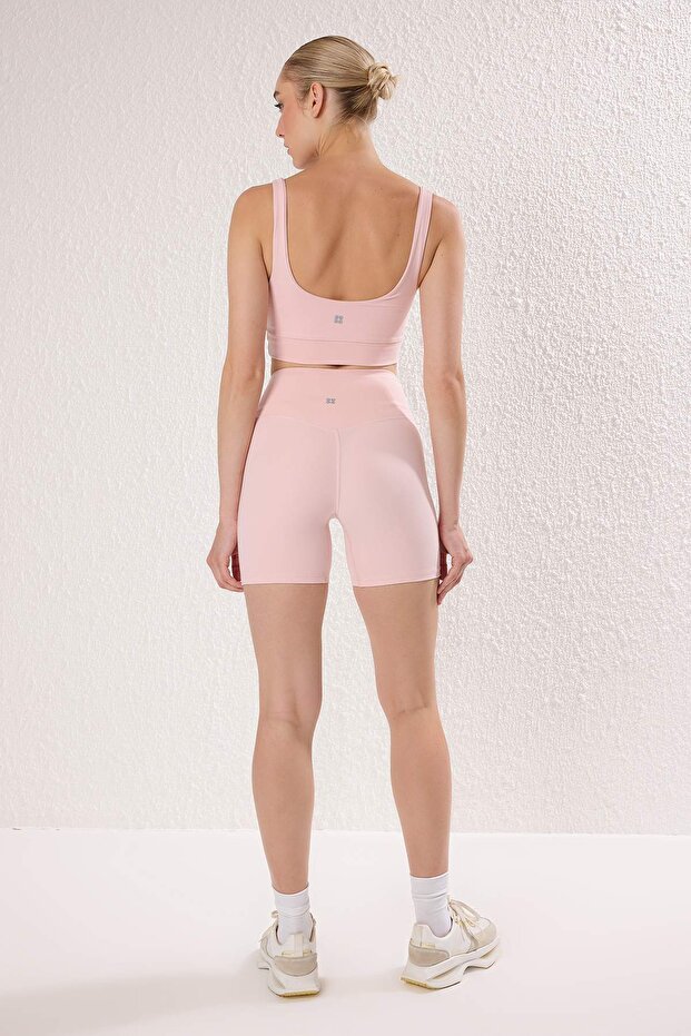 Pembe Fırçalı Soft Kumaş İç Bel Cep Detaylı Örme Spor Şort/Kısa Tayt THMSS24TY00020 - 5