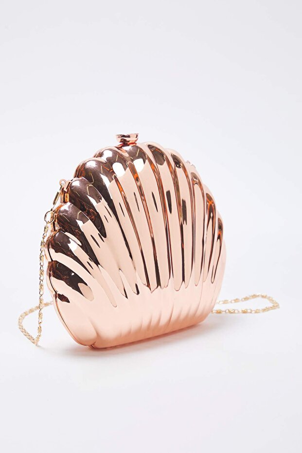 Metalik Bakır Deniz Kabuğu Abiye Kadın Şık Mini Boy Clutch El Çantası TAKSS25OC00063 - 2