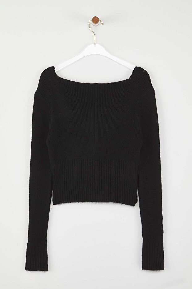Siyah Crop Kare Yaka Triko Yumuşak Dokulu Fitted/Vücudu Saran Hırka TWOAW25HI00178 - 6