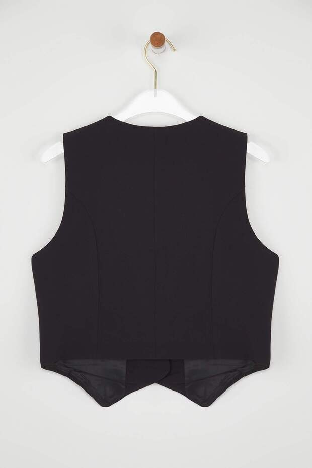 Siyah Fitted Dokuma Crop Yelek TWOSS25YE00121 - 6