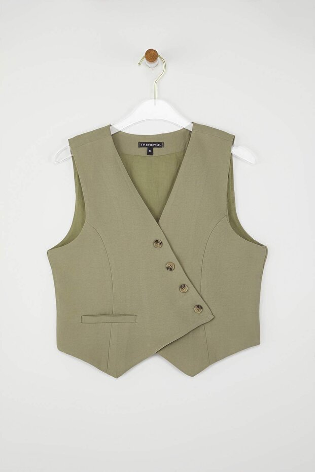 Haki Fitted Keten Görünümlü Kruvaze Kapamalı Crop Yelek TWOSS25YE00122 - 5