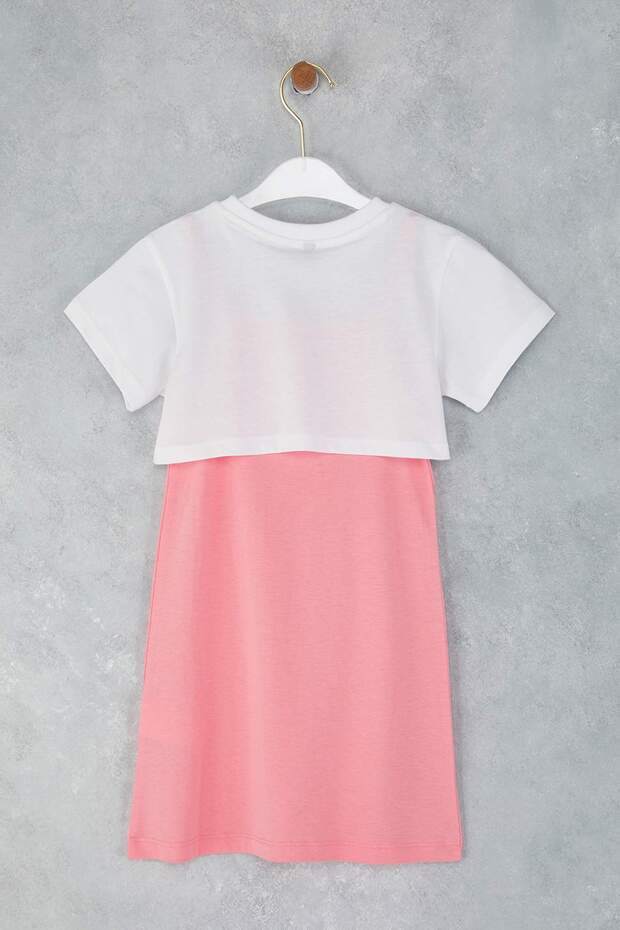 Pembe Kız Çocuk %100 Pamuk Slogan Baskılı Kısa Kol Örme Elbise TKDSS25EL00095 - 4