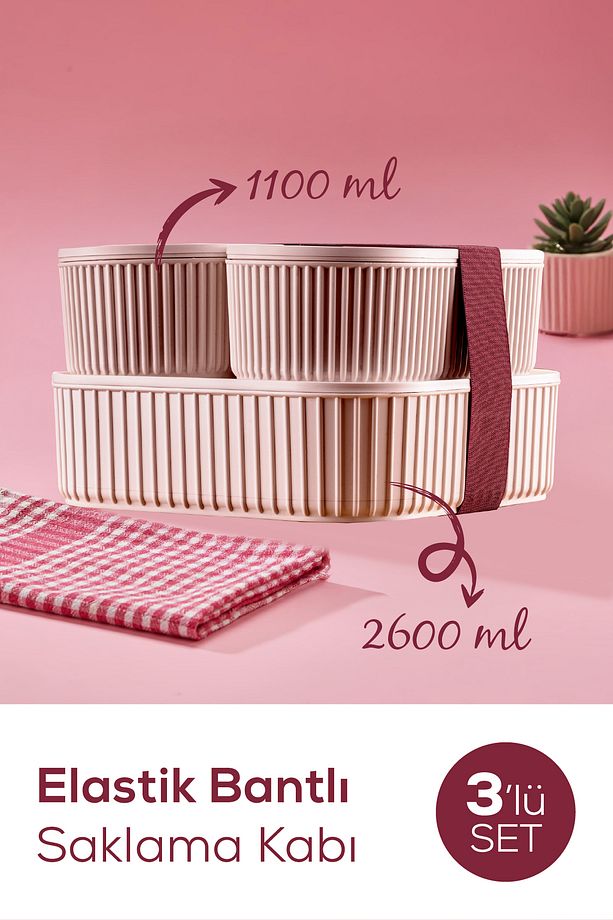 3'lü Elastik Bantlı İstiflenebilir Pratik Saklama Kabı Seti 2x(1100 ml) 1x(2600 ml) Pembe - 1