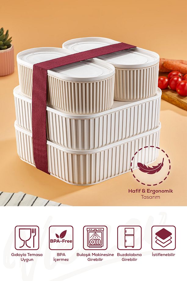 4'lü Elastik Bantlı İstiflenebilir Pratik Saklama Kabı Seti 2x(1100 ml) 2x(2600 ml) Bej - 3