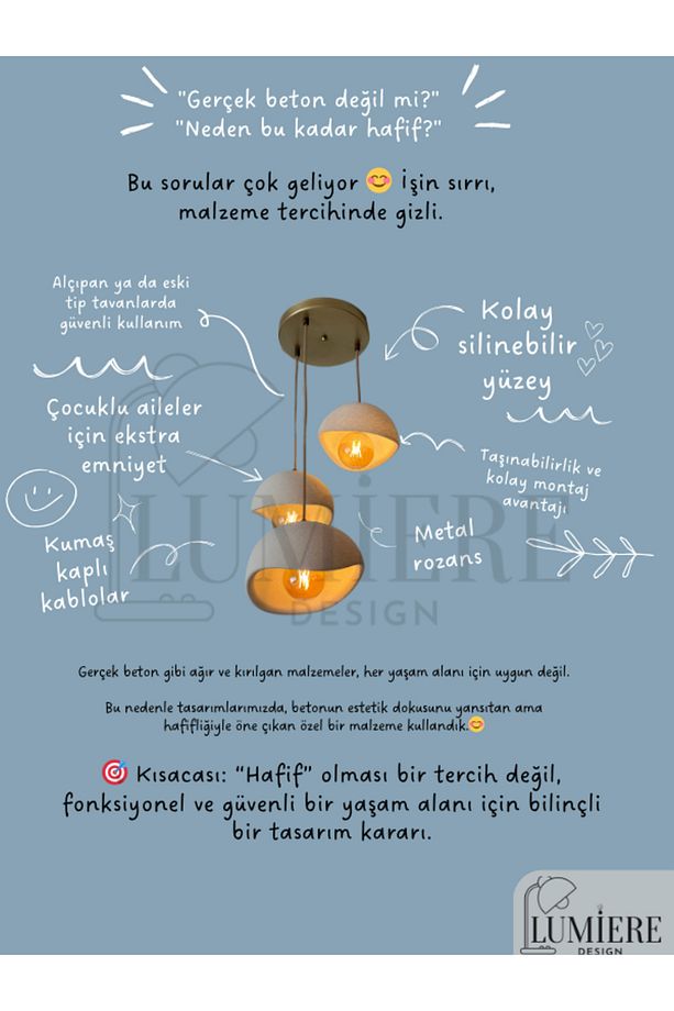 Beton Görünümlü İskandinav &Bohem Tarz 3’lü Sarkıt Avize -Profesyonel Tasarım,Gün Işığı Ampul İçerir - 5