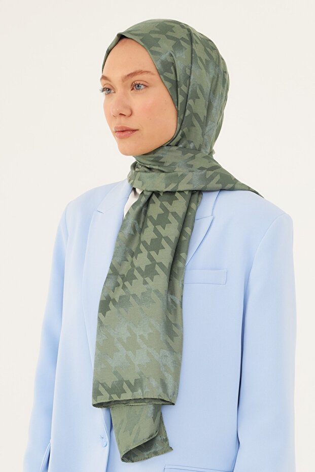 Shiny Jacquard Patterned Houndstooth Shawl - Mildew Green - 2