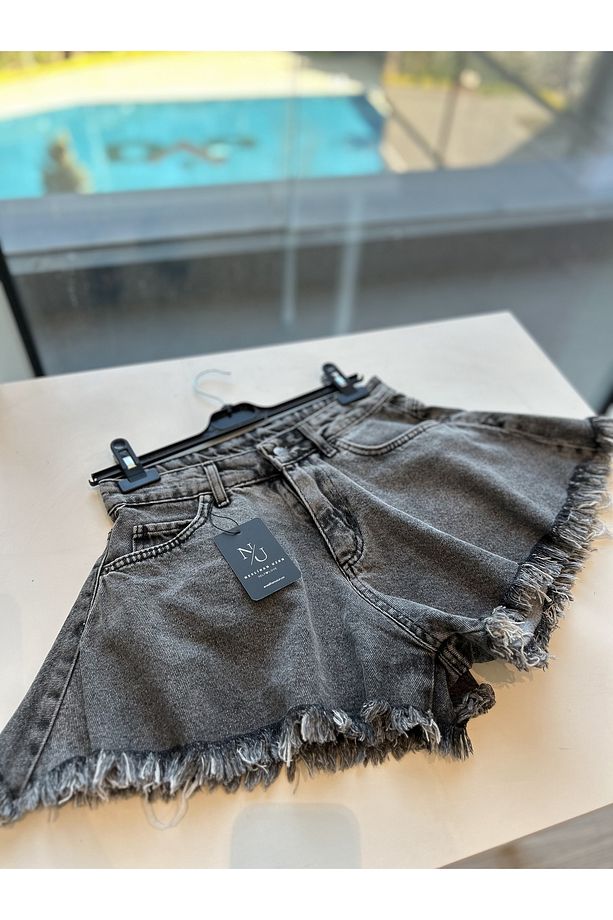 Püsküllü Denim Şort Antrasit Gri - 1
