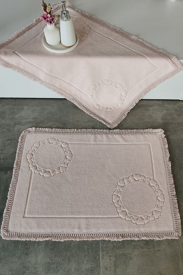 2'li Set Püskül Dantelli Ayak Havlusu 50x70 Cm - Yumuşak Ve Su Emici - 1