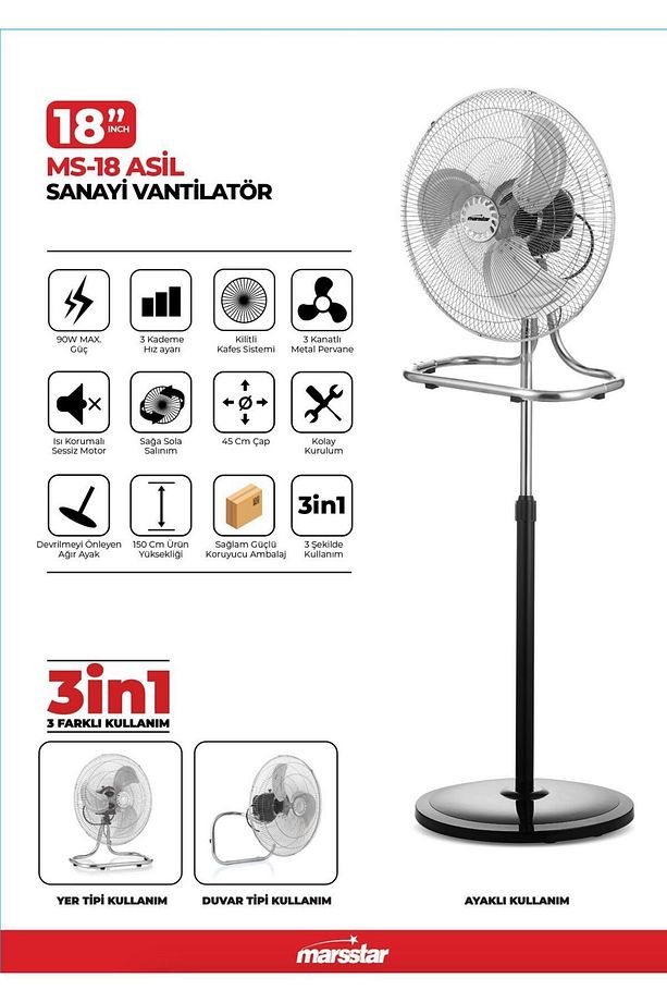Ms-18 Asil 18'' Sanayi Tipi Vantilatör 90w Güçlü Motor, 3in1 Ayaklı Duvar Yer Tipi Kullanım - 1