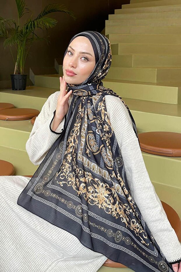 شال قطن بنمط فيرسا باللون الأسود - 2