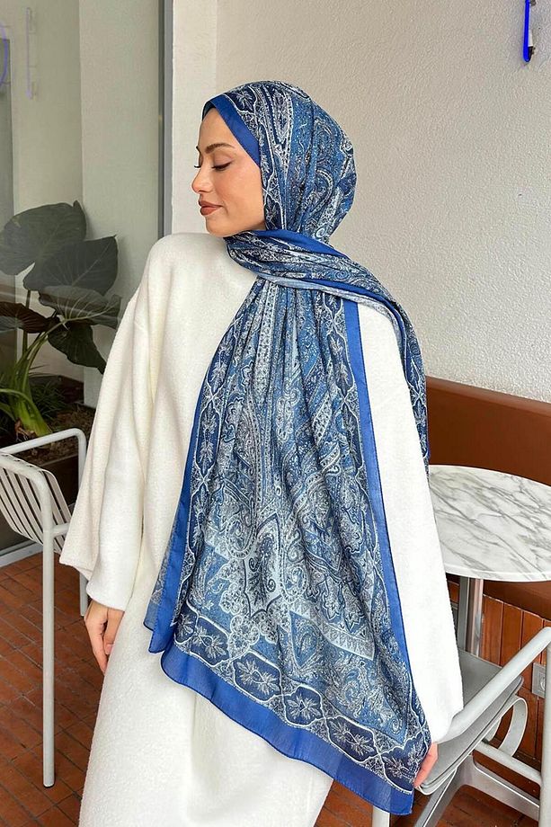 Retro Desen Pamuk Şal Indigo Çiçek - 4