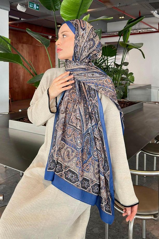 Retro Desen Pamuk Şal Indigo Bej - 4