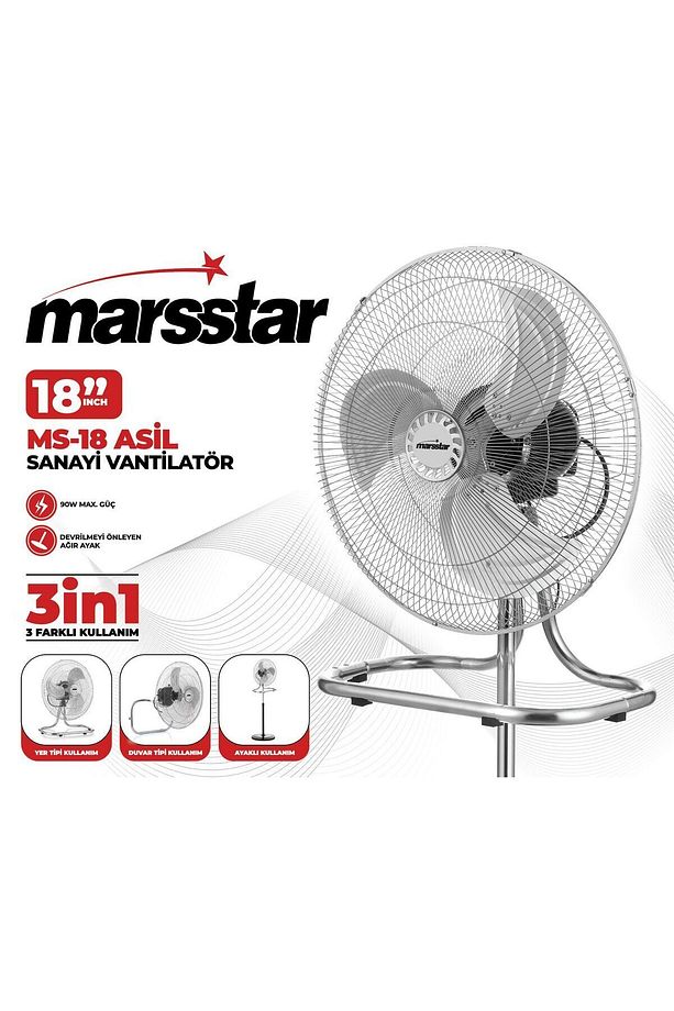 Ms-18 Asil 18'' Sanayi Tipi Vantilatör 90w Güçlü Motor, 3in1 Ayaklı Duvar Yer Tipi Kullanım - 3