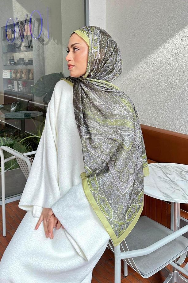 Retro Desen Pamuk Şal Yağ Yeşiii - 4
