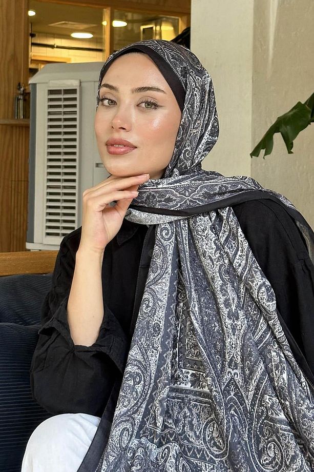 Retro Desen Pamuk Şal Siyah Vizon - 4