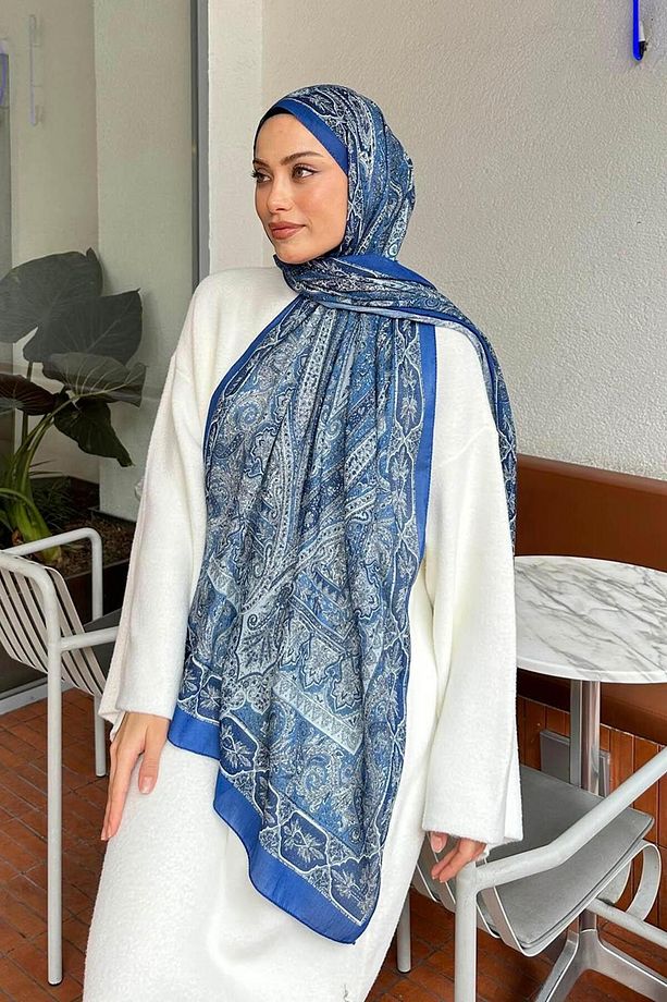 Retro Desen Pamuk Şal Indigo Çiçek - 3
