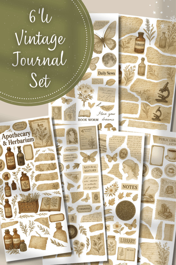 Vintage Themed Sticker Set of 6 for Bullet Journal and Agenda