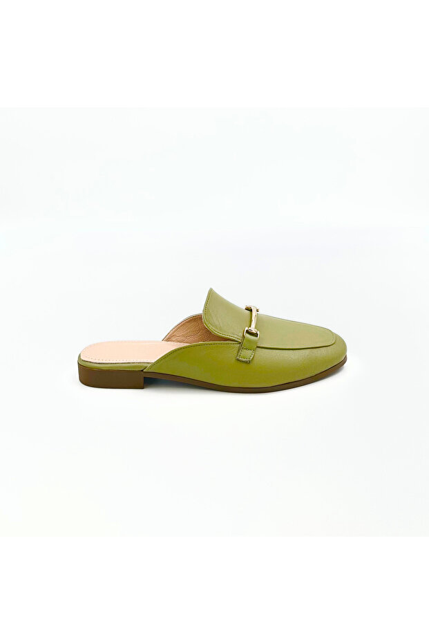 Khaki Color Genuine Leather Women's Loafer Slippers