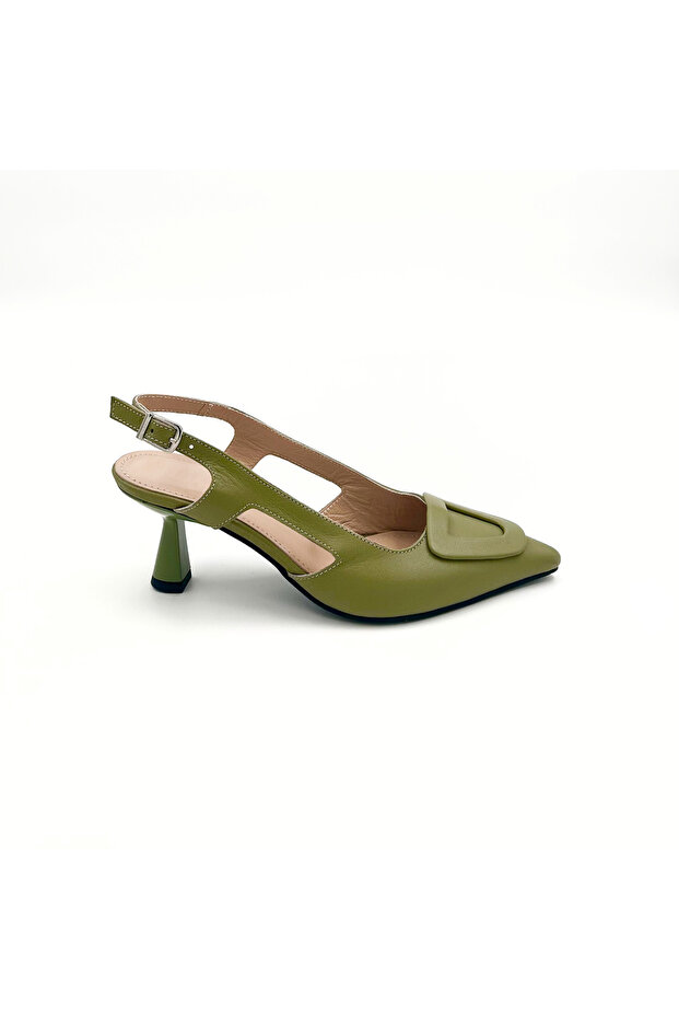 Genuine Leather Olive Green Heeled Shoes