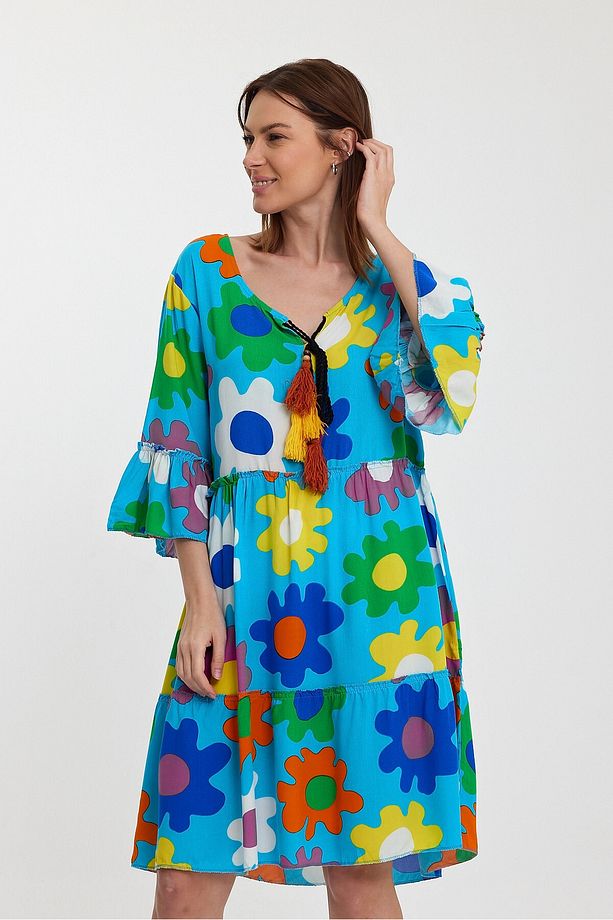Maxi Boy Mavi Bisiklet Yaka Çiçek Desenli Dokuma Elbise Bcvl-245490 - 5