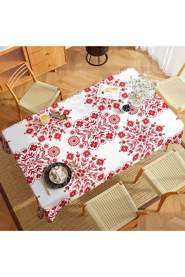 Kırmızı Çiçek Motif Desenli Dijital Baskı Dertsiz Kumaş Masa Örtüsü - 3