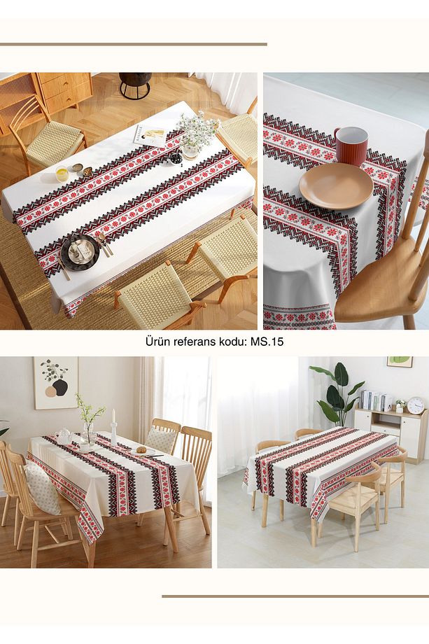 Kırmızı Motif Desenli Dijital Baskı Dertsiz Kumaş Masa Örtüsü - 6