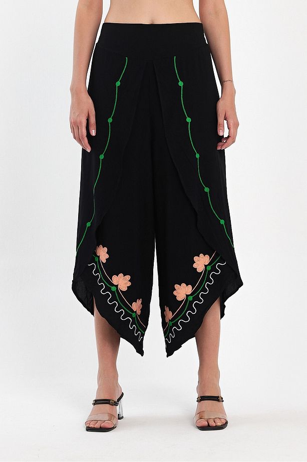 Maxi Boy Siyah Nakış Işlemeli Viscon Dokuma Şalvar Pantolon Bcvl-251003 - 6