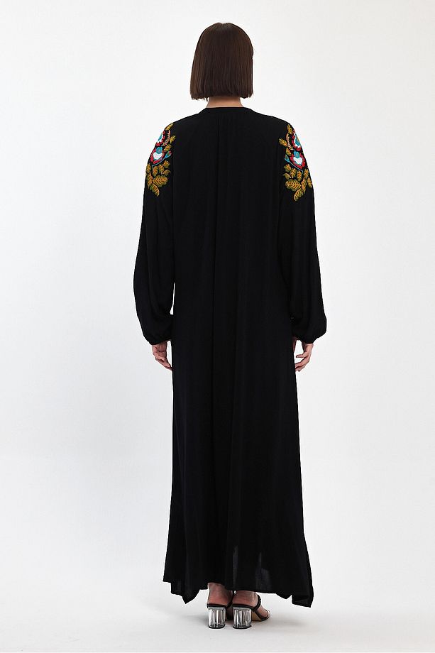 Maxi Boy Siyah Bağcıklı Nakış Işlemeli Uzun Boy Dokuma Elbise Bcvl-24939 - 6