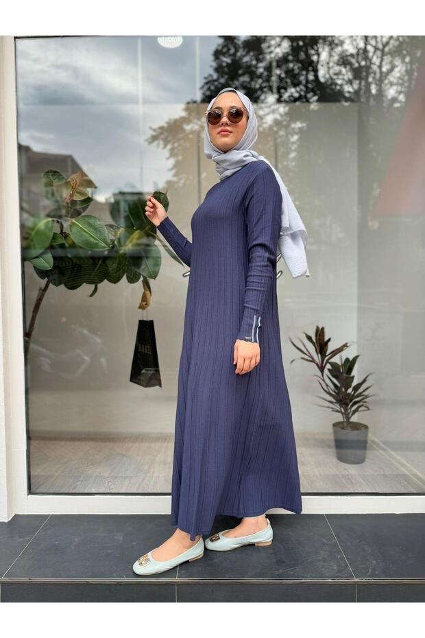 Fitilli Triko Kadın Elbise Indigo - 5