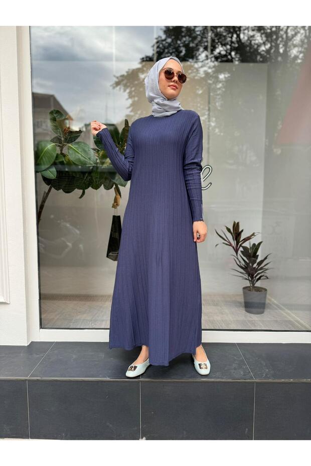 Fitilli Triko Kadın Elbise Indigo - 3