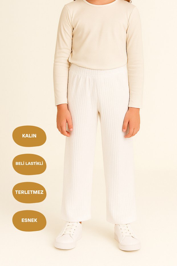 Ecru Girls' Sweatpants with Elastic Waist - Comfortable Wide Leg Thick Fabric 7-8-9-10-11-12-13-14 Years