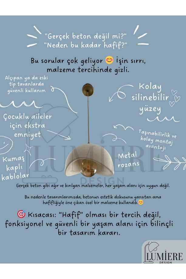 Beton Görünümlü İskandinav &Bohem Tarz Tekli Sarkıt Avize–Profesyonel Tasarım,Gün Işığı Ampul İçerir - 3