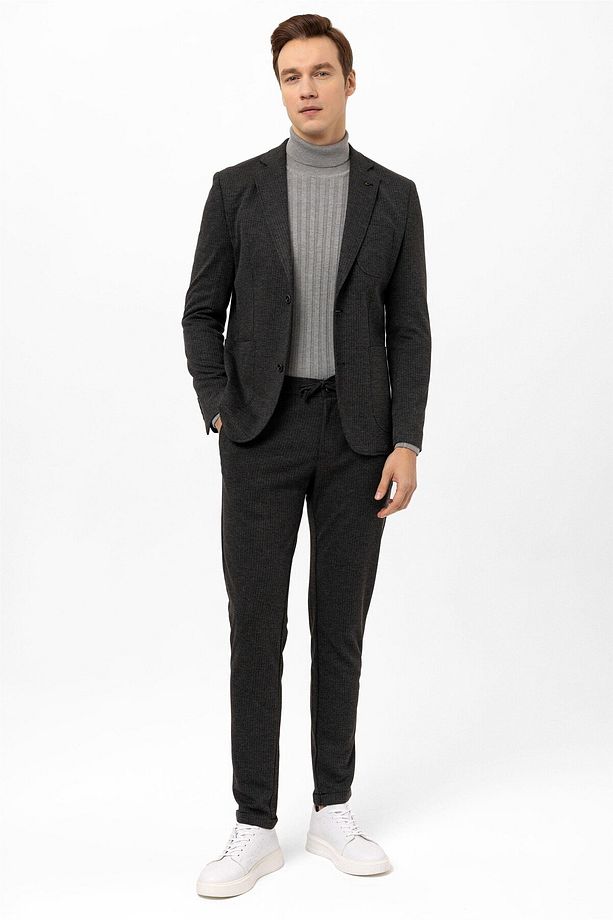 Antrasit Slim Fit Armürlü Mono Yaka 6 Drop Klasik Takım Elbise - 1