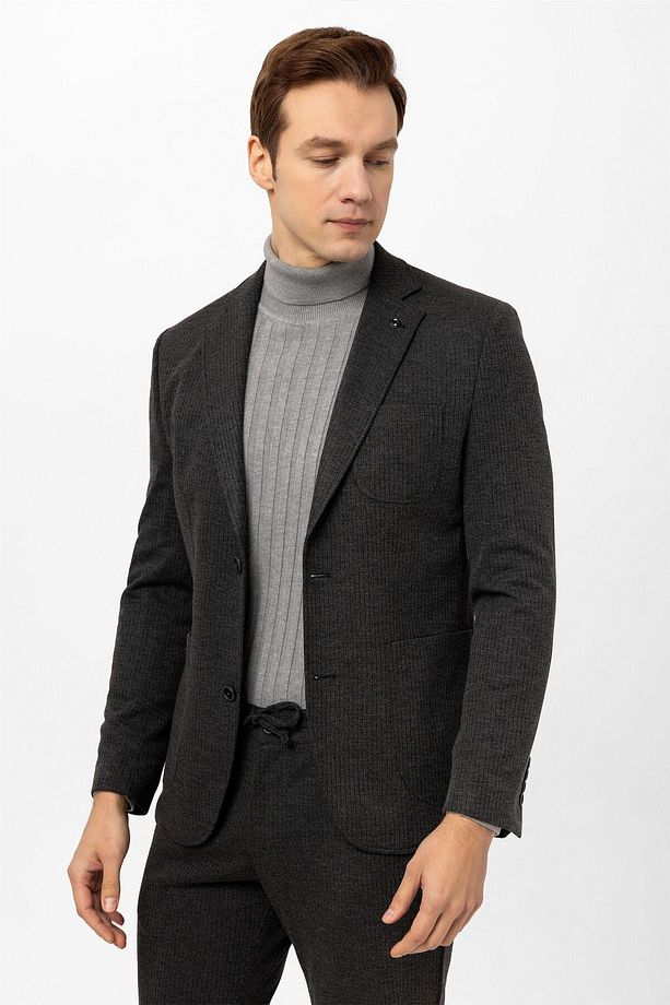 Antrasit Slim Fit Armürlü Mono Yaka 6 Drop Klasik Takım Elbise - 7