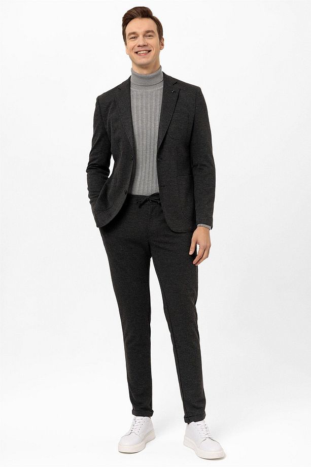 Antrasit Slim Fit Armürlü Mono Yaka 6 Drop Klasik Takım Elbise - 4
