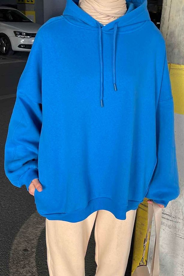 Kapüşonlu Oversize Yan Cepli Sweat Saks Mavisi - 3