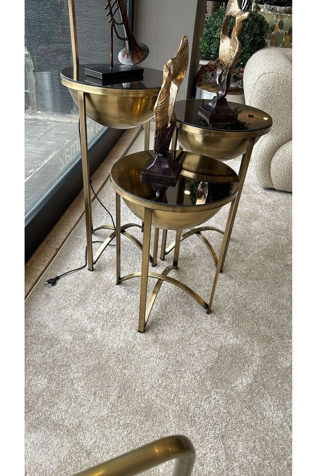 Alaz Lambader 3 Adet Zigon Sehpa - Eskitme Gold - 5