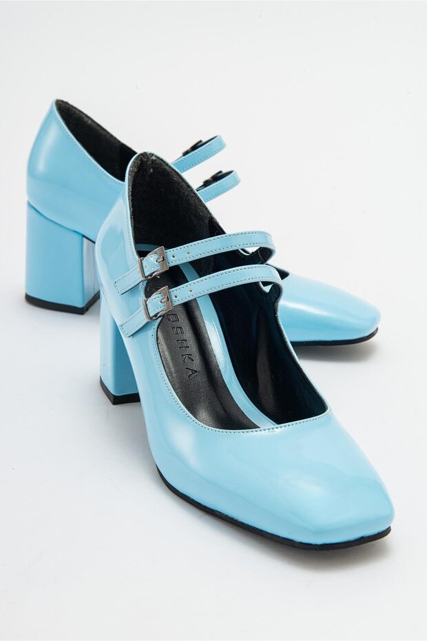 Roya Baby Blue Patent Leather Double Buckle Heeled Women's Shoes