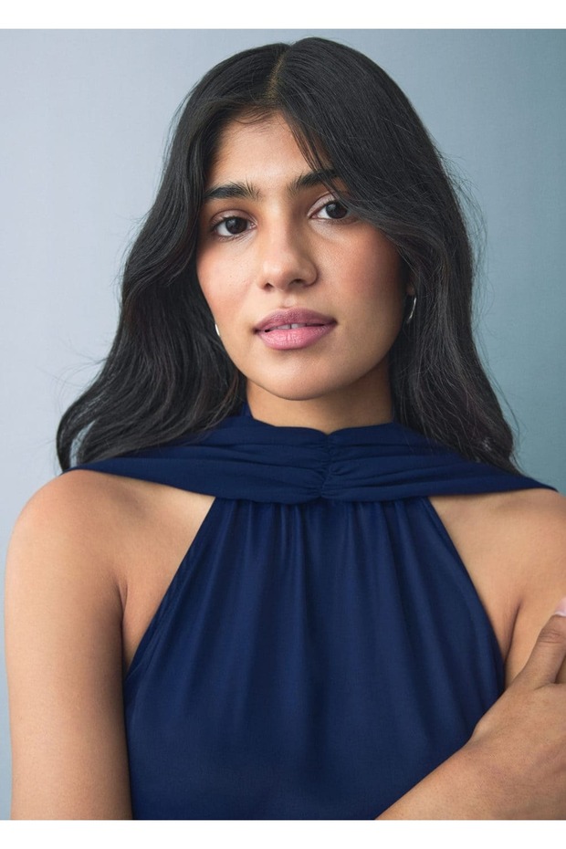 Halter yaka saten elbise - 1