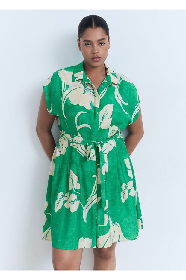 Kemerli desenli elbise - 6