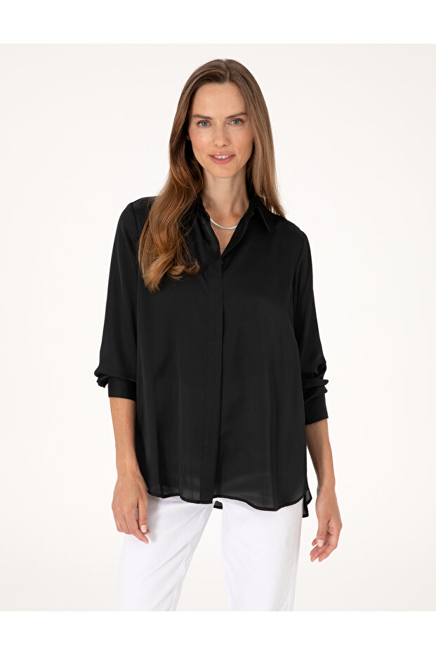 Black Comfort Fit Satin Long Sleeve Shirt 50313588 -Vr046