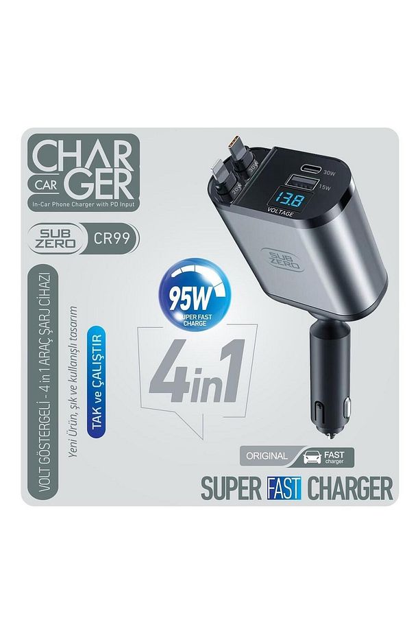 4 IN 1 - 95 W Type-C ve Lihgting Kablolu Süper Hızlı Çakmaklık Araç Şarj - 1