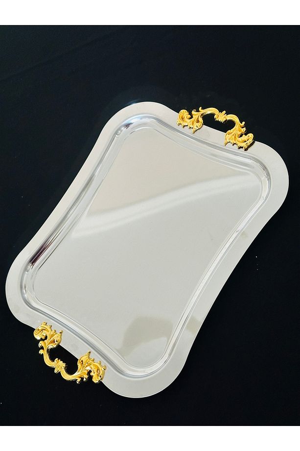 Paslanmaz Çelik Dikdörtgen Çıkarılabilir Kulp Detaylı Çay,kahve,ikram Servis Sunum Tepsisi (21X26CM) - 1