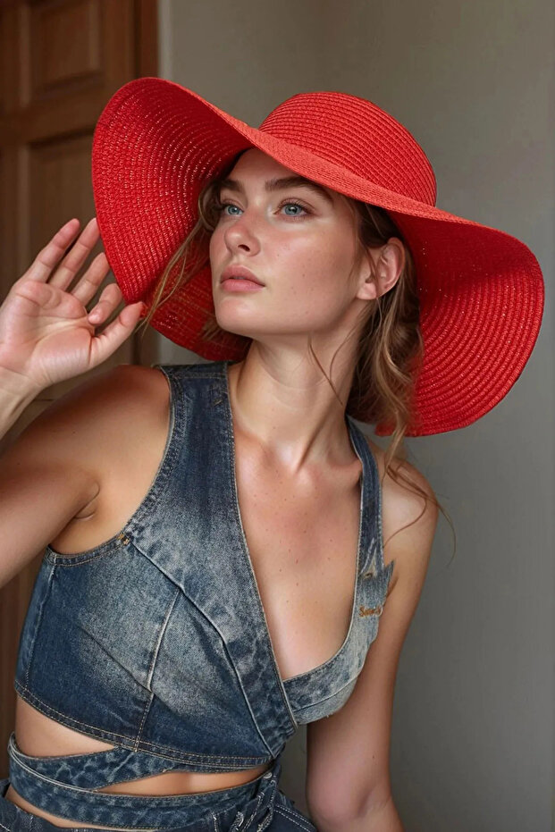 Wide Brim Red Knit Pattern Fashionable and Functional Hat Sun Protection Hsr2005