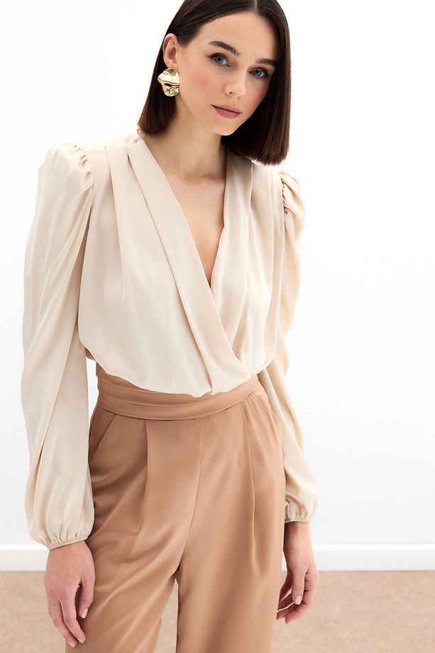 Kruvaze Saten Bodysuit Bluz - Bej - 3