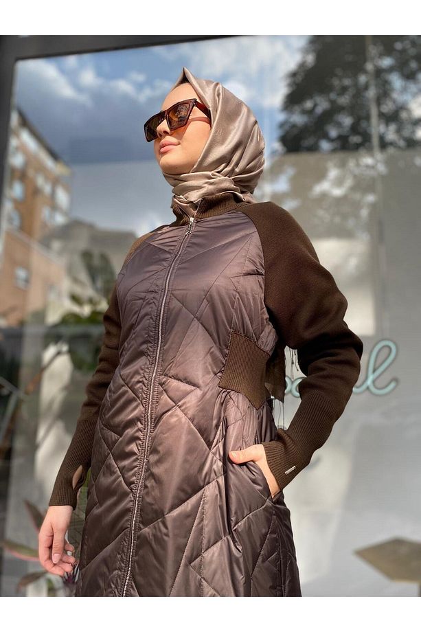 Kol Triko Cam Kırığı Desen Kadın Mont Kahve - 4