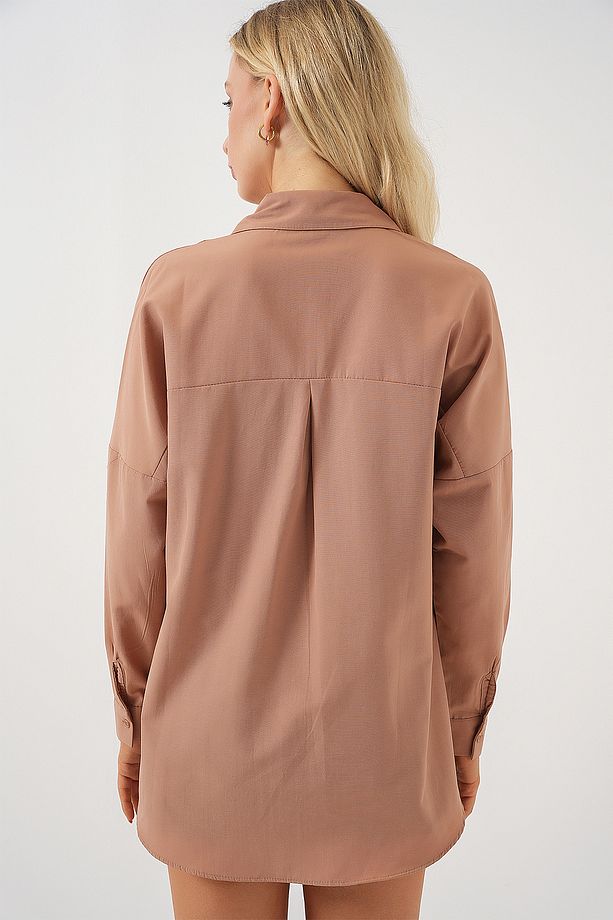 3900 Oversize Uzun Basic Gömlek - Camel - 6
