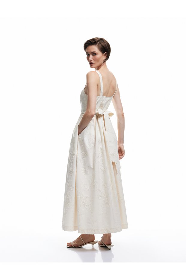 X Melis Ağazat - Cotton Square Neckline Dress with Bow on the Back, Broderie and Scalloped Floral Straps