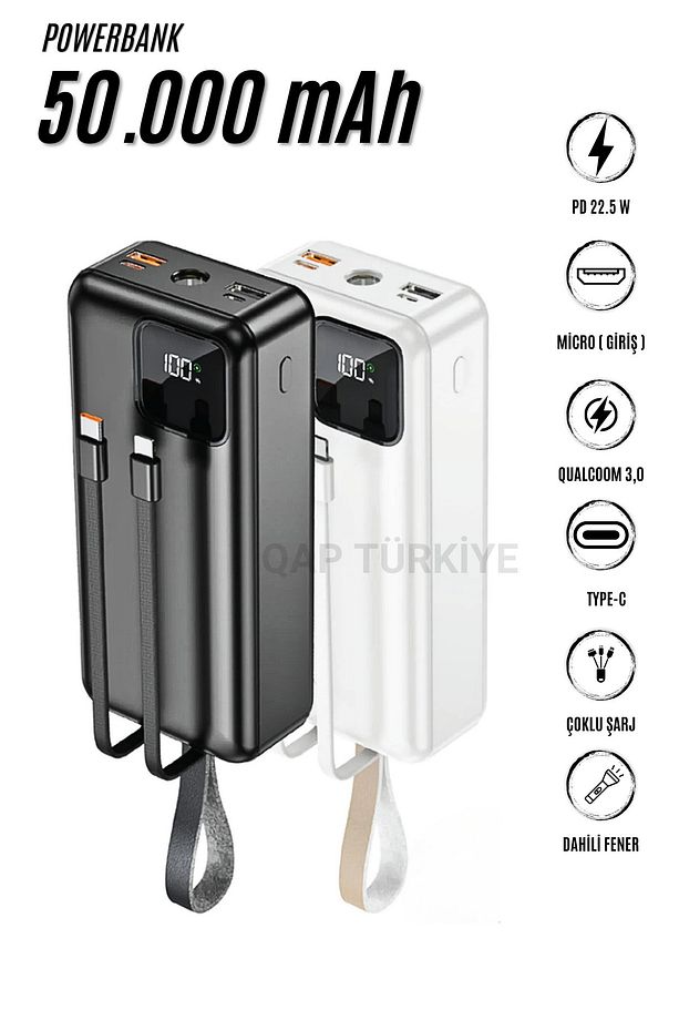 50000 Mah Pd 22,5w Kendinden Kablolu Hızlı Şarj Power Bank Turbo Hızlı Fener Özellikli Kamp - 3